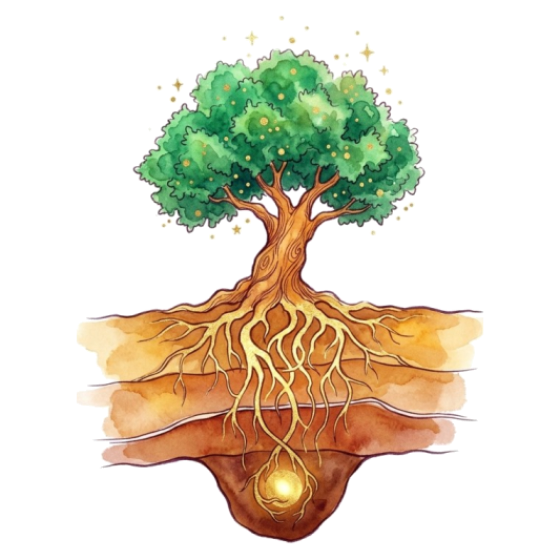 A small tree with glowing golden roots reaching deep into the earth