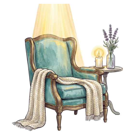 An empty armchair held in a column of golden light, a candle beside it