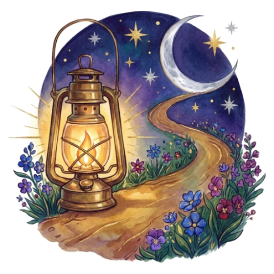 A lantern at the start of a winding path toward a crescent moon