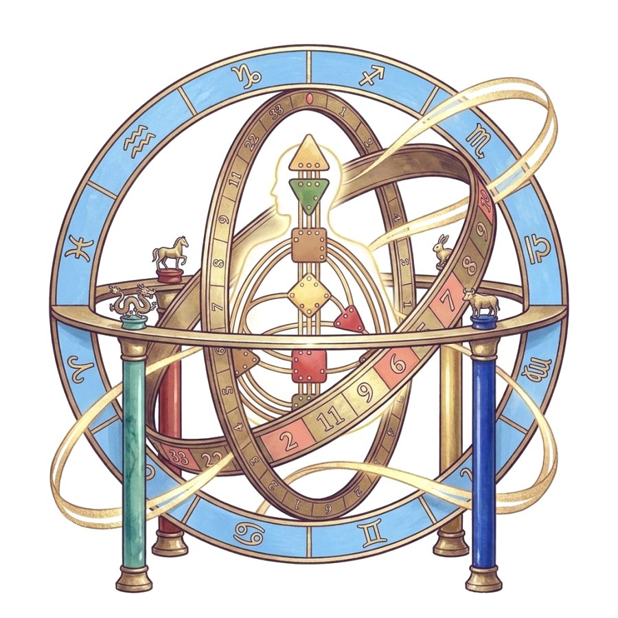 The four systems as one armillary sphere: zodiac rings and a ring of numbers turning around a glowing Human Design bodygraph, standing on the four Chinese pillars