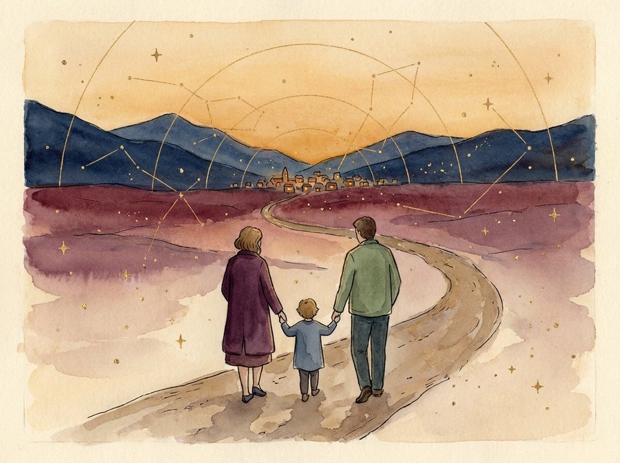 A family of three walking toward a mountain town at dusk