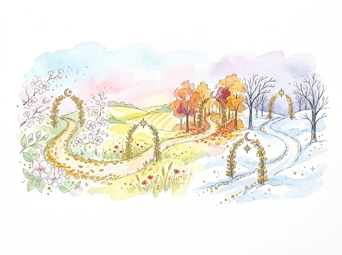 A golden road through the four seasons, passing under five arched gateways