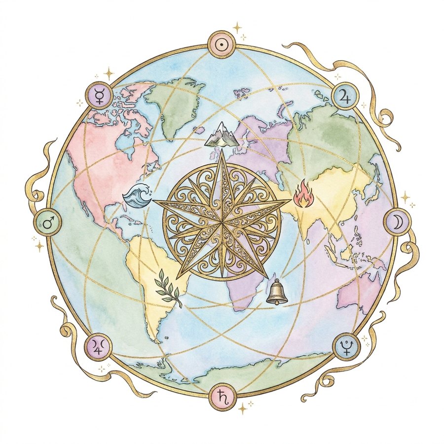 An illuminated sacred map: a painted world crossed by gold lines around a compass rose of the five elements
