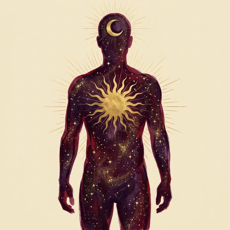 Illuminated painting of a human silhouette filled with stars, a golden sun at the chest and a crescent moon at the brow