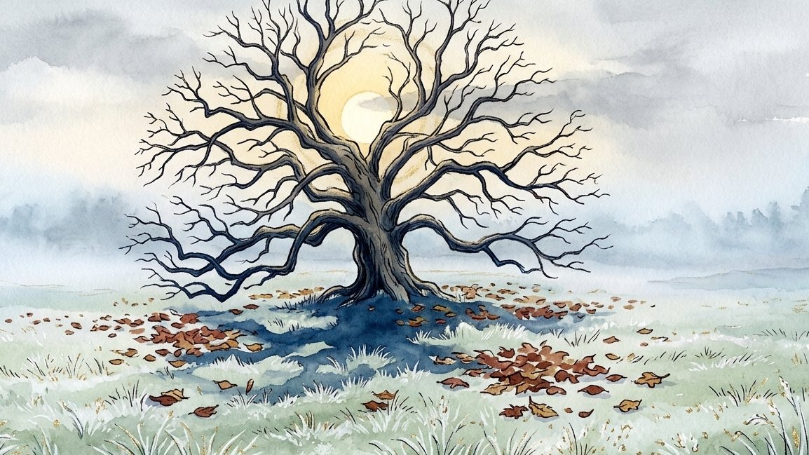 A bare oak at first light, halfway between harvest and deep winter.