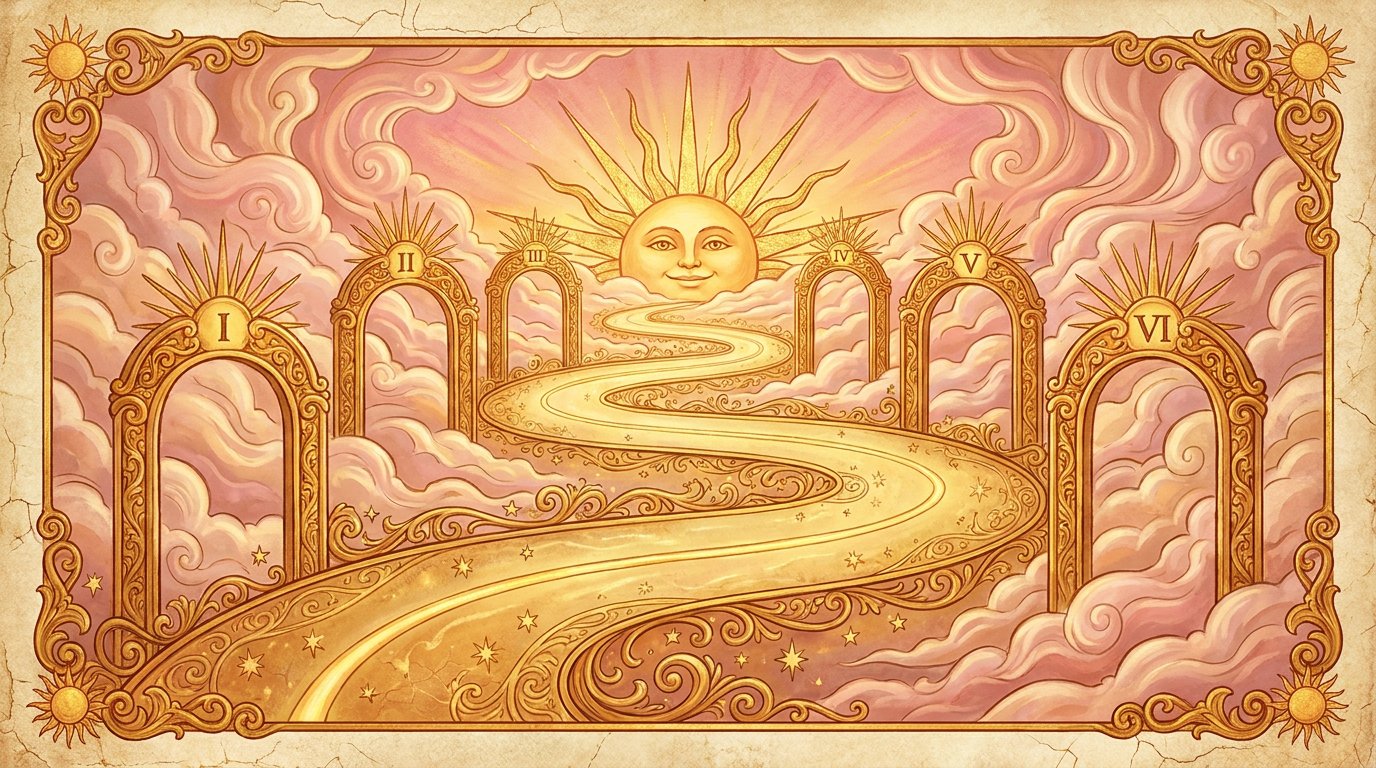 An illuminated road passing through six glowing archways beneath moving planets
