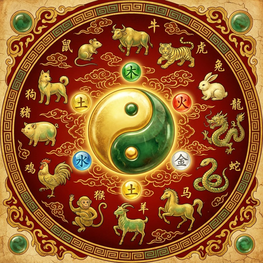 The twelve Chinese zodiac animals circling a glowing taijitu