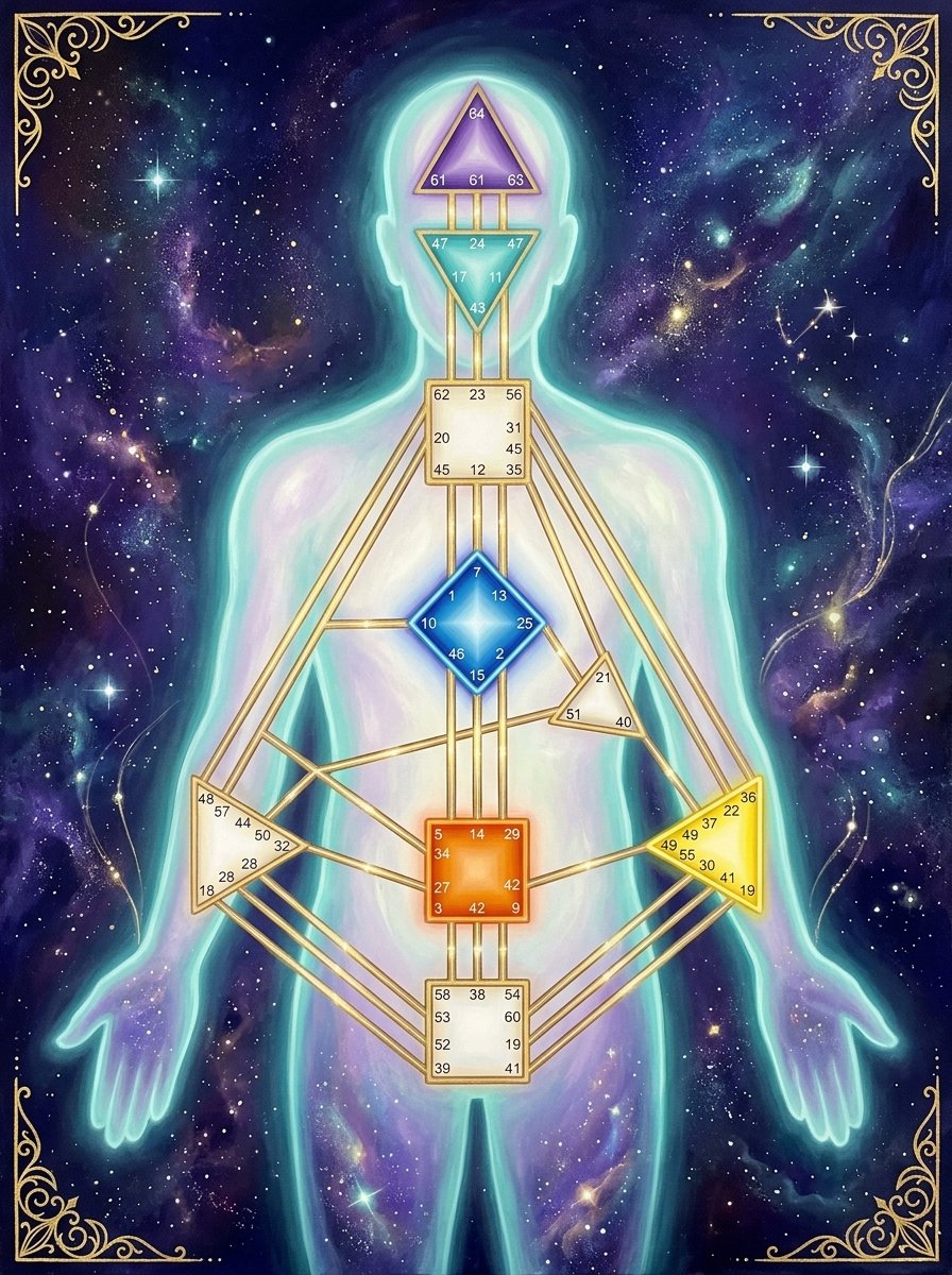 A luminous figure with the nine glowing centers of a Human Design bodygraph