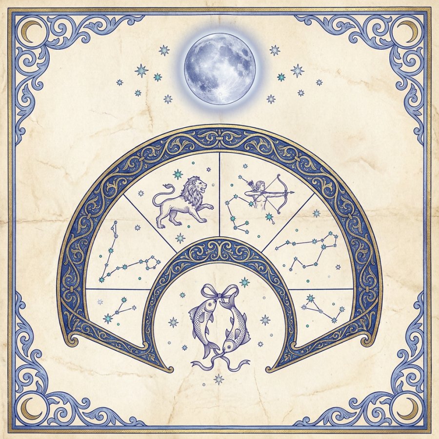 The western zodiac painted as a glowing celestial map