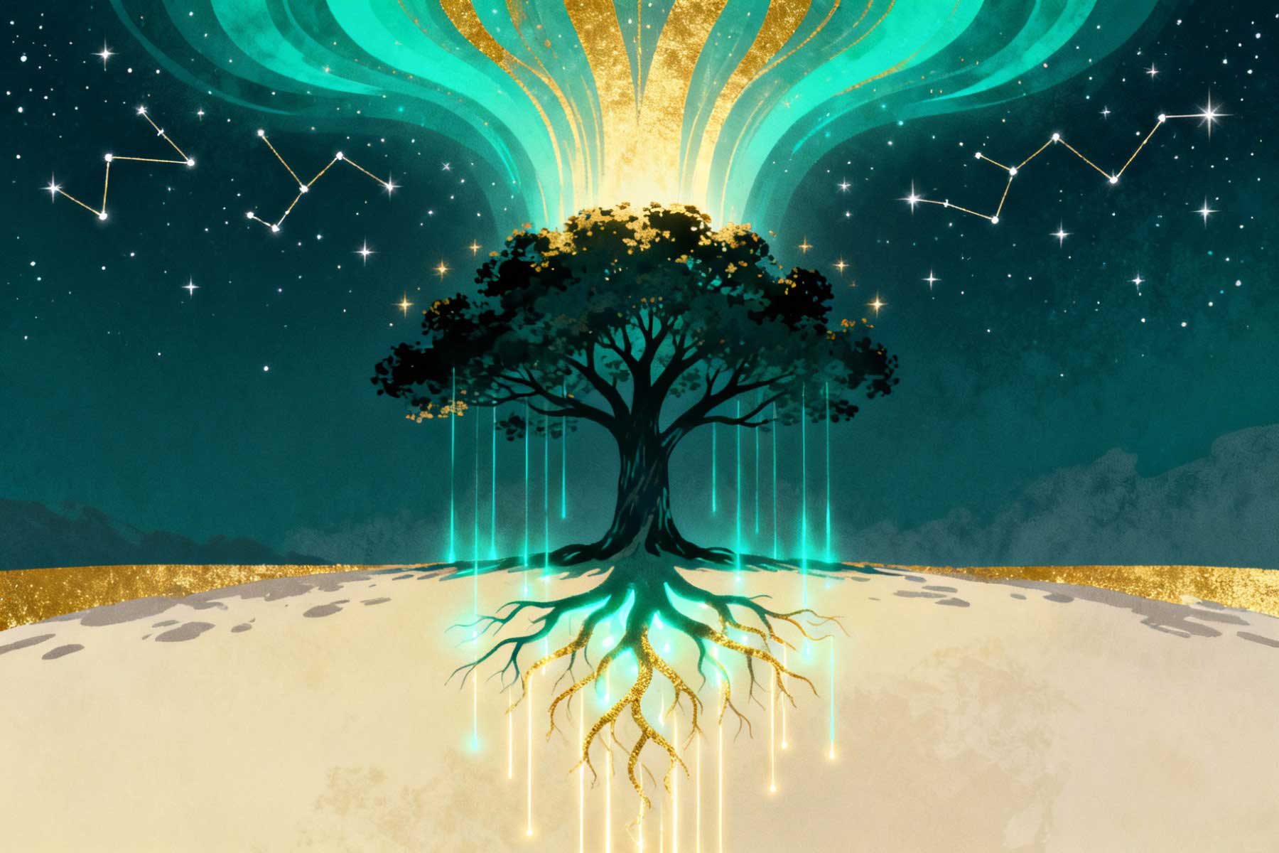 Grounded figure in meditation surrounded by soft earth and light energy