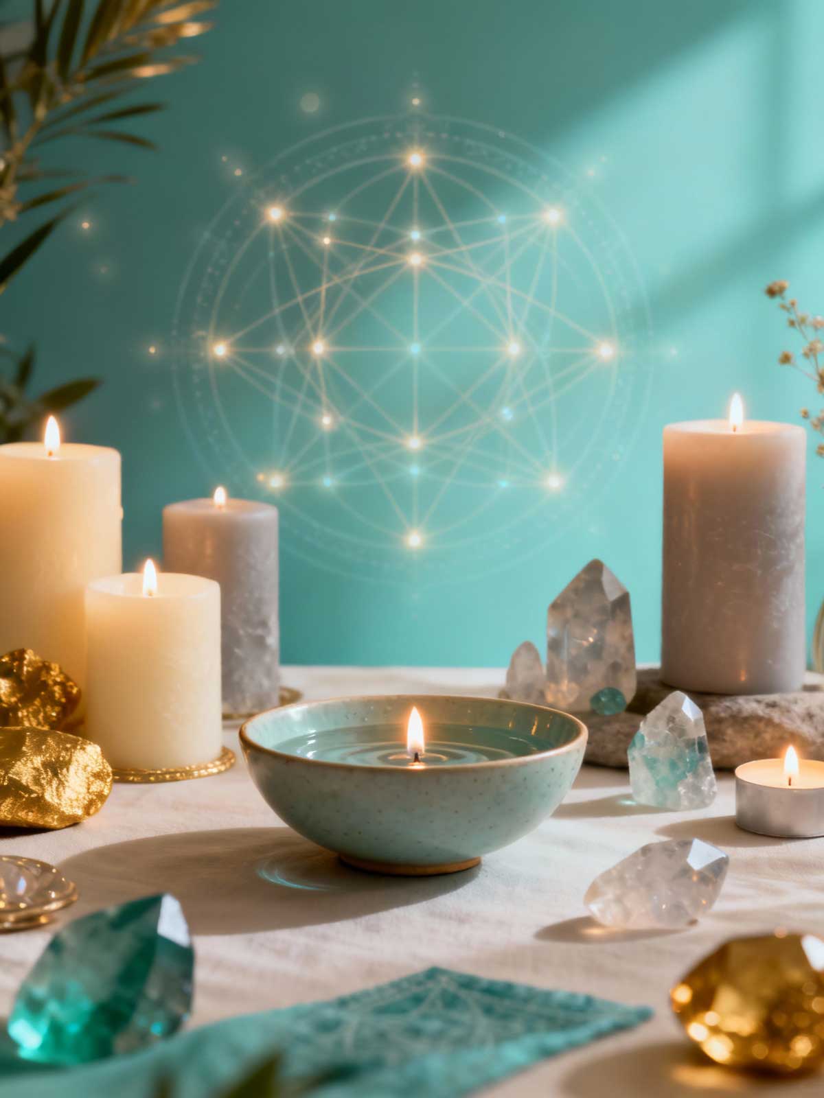 Mystical altar with candles, light, and healing space for psychic clairvoyant sessions