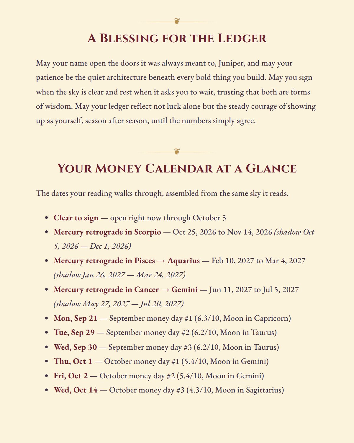 A blessing — then your money calendar at a glance