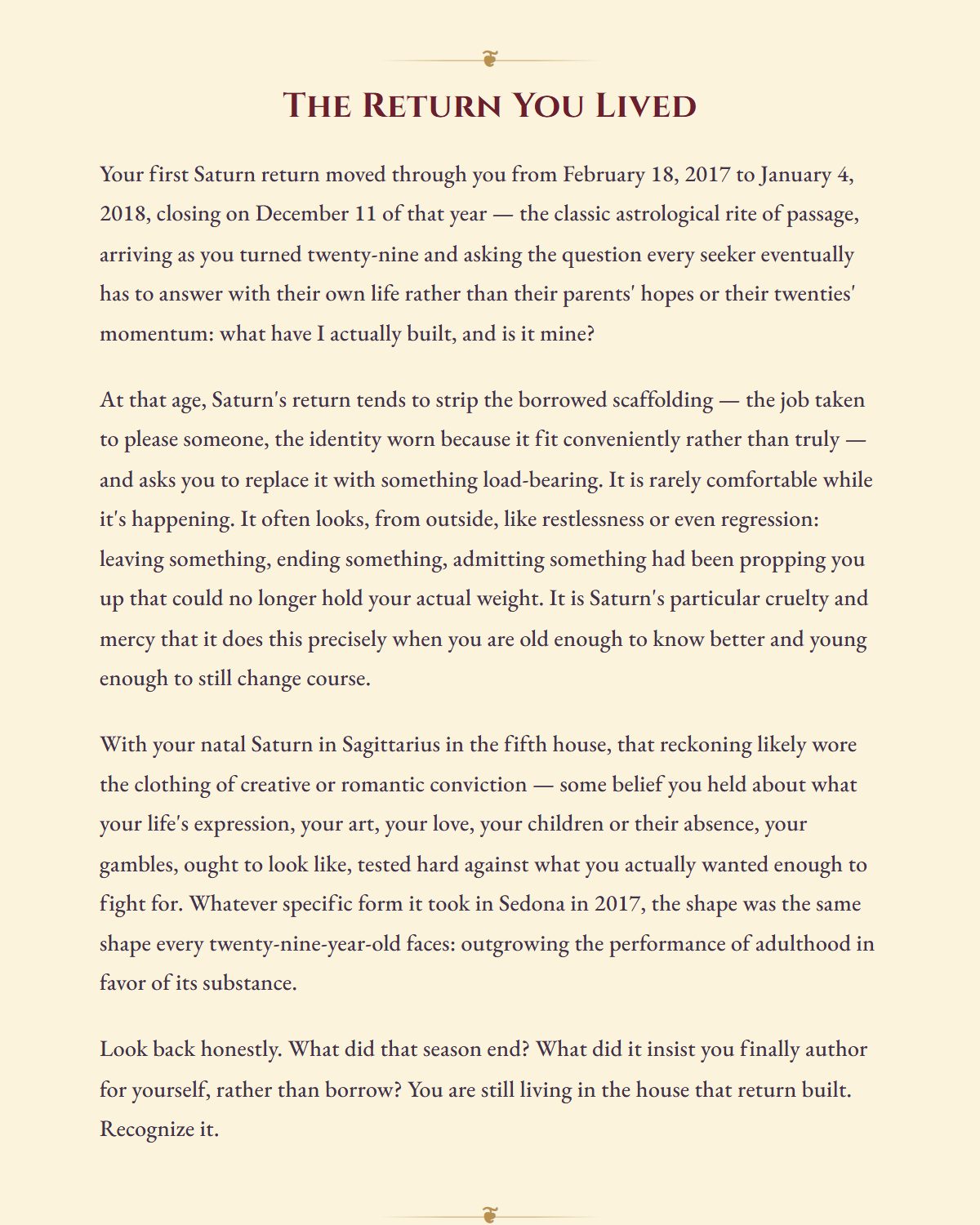 The return you lived — dated, and read honestly