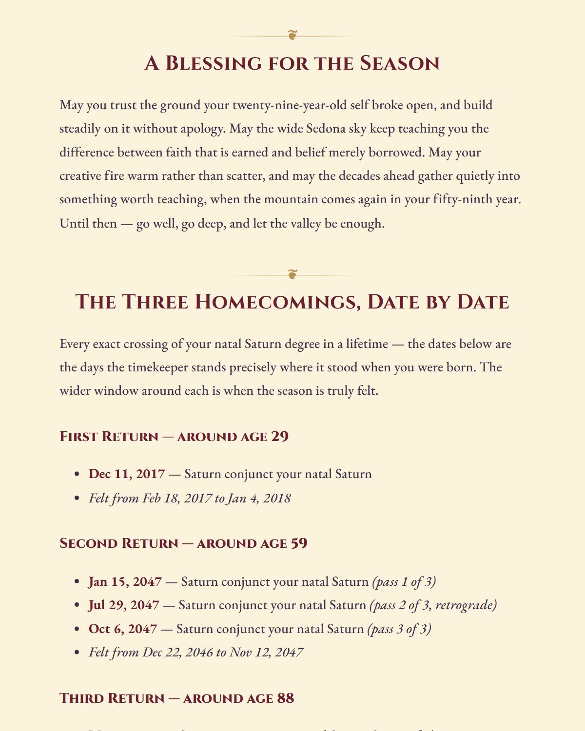 All three homecomings, date by date