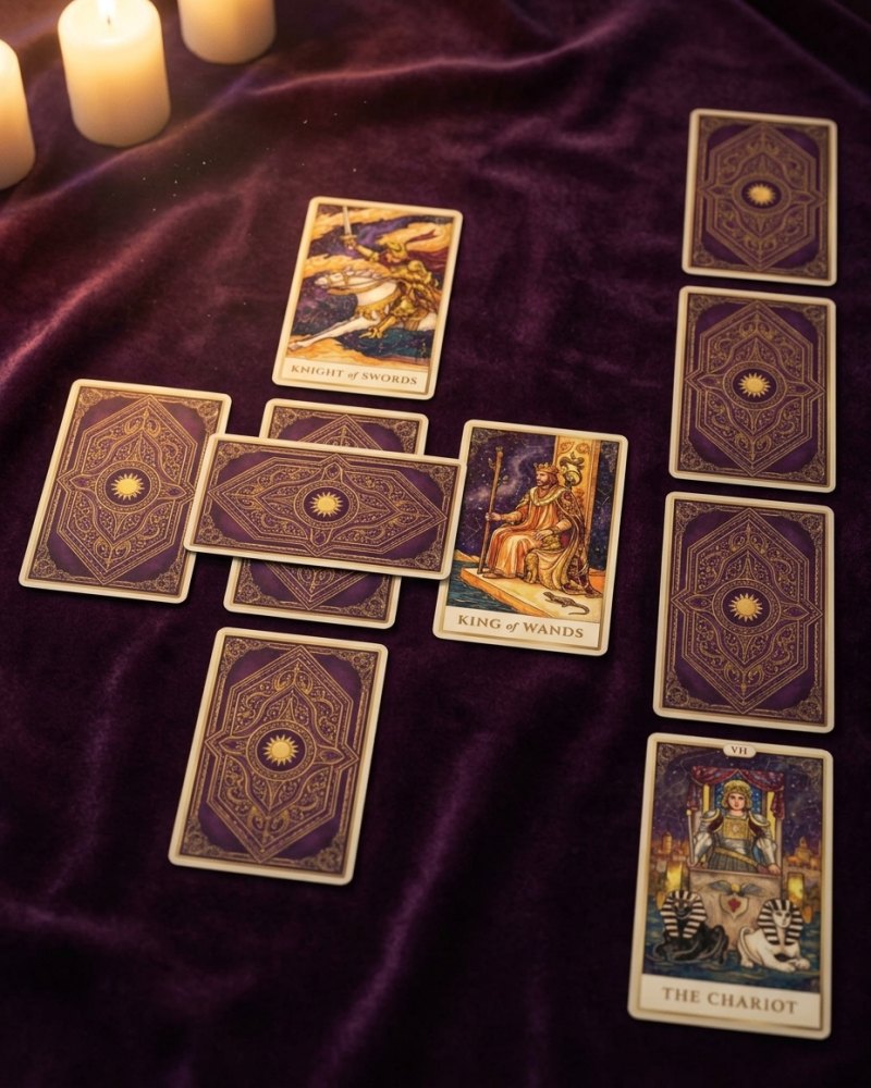 Ten tarot cards laid out in a Celtic Cross on dark velvet