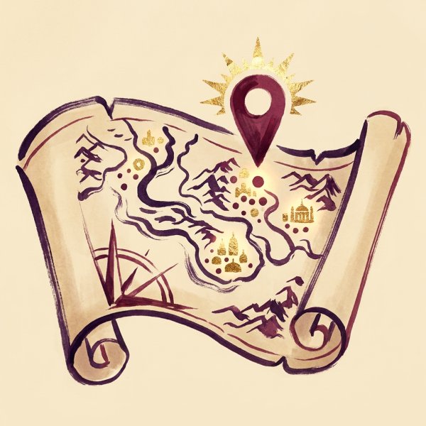 Illuminated antique map with a glowing locator pin