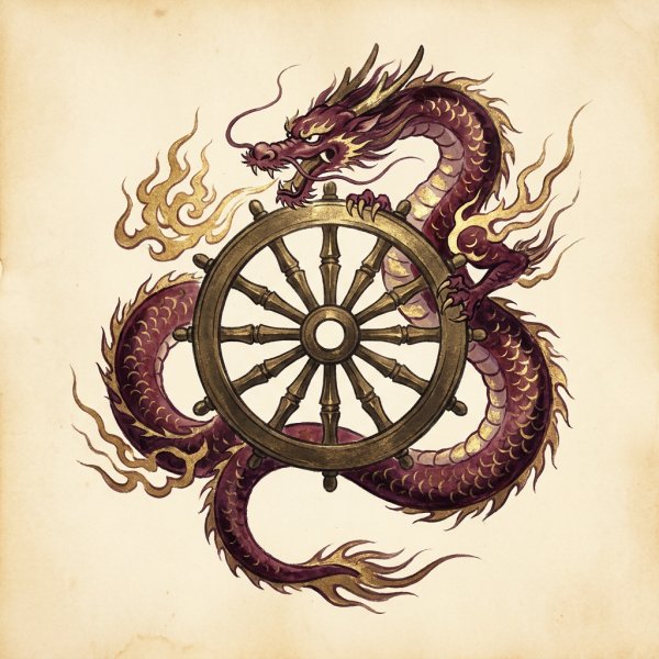 Illuminated painting of a dragon coiled around a bronze zodiac wheel