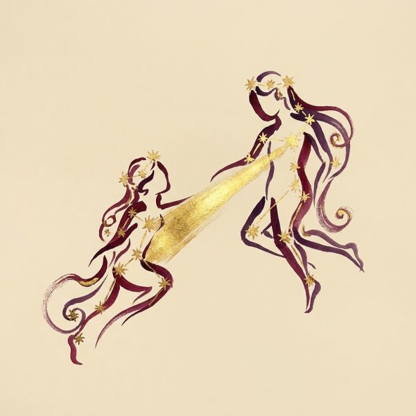 Illuminated painting of two star figures joined by a channel of light