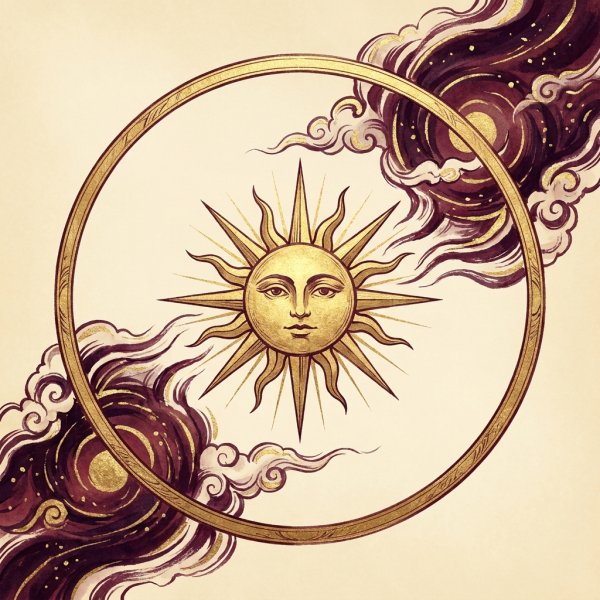 Illuminated painting of a golden sun returning along its orbit